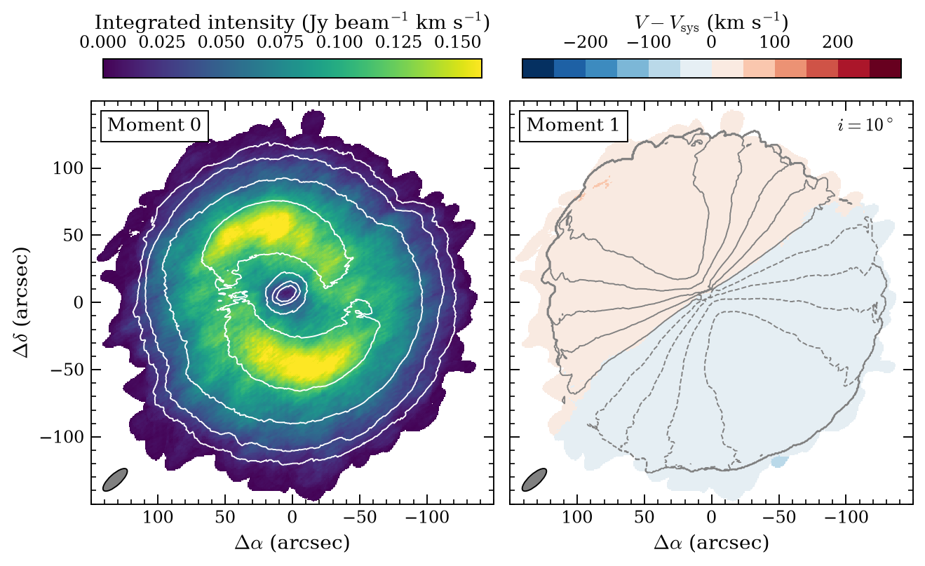 Nearly face-on galaxy: observed moment 0 and a weak velocity gradient in moment 1