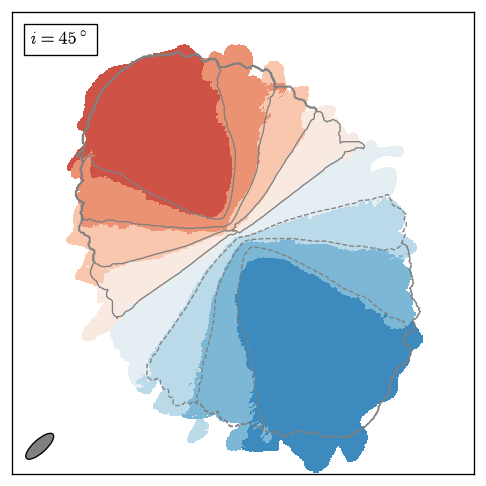 HI velocity field of the model galaxy at 45° inclination